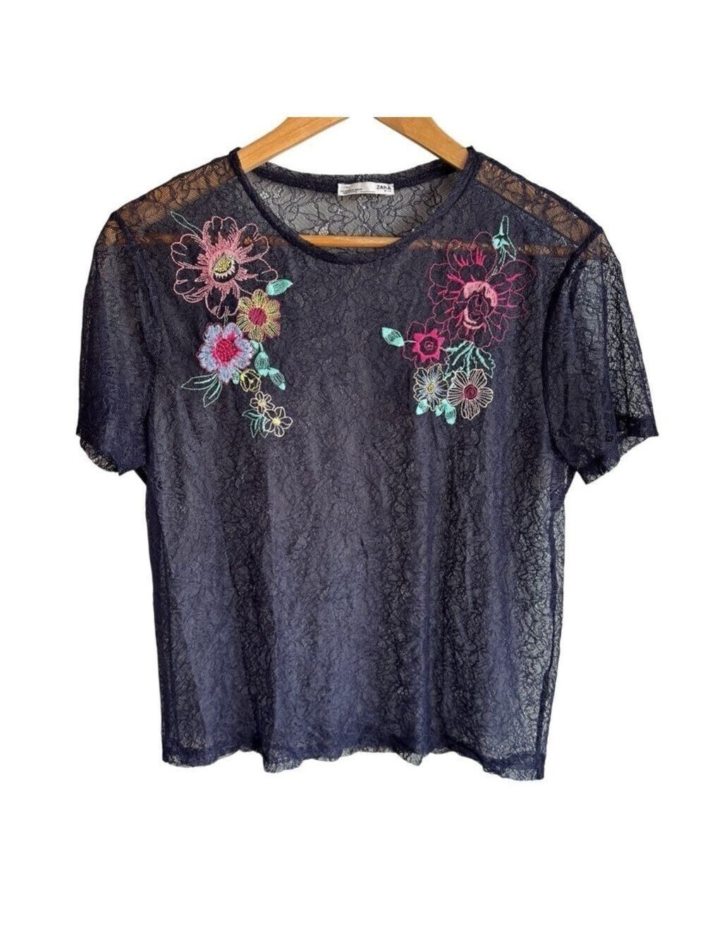 Zara Sheer Lace Floral Tee Sz M Navy Blue Delicate Embroidered T-Shirt Boxy EUC